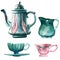 Watercolor hand painted set of antique tableware:  turquoise coffee pot in art nouveau style, milk jug and two cups.