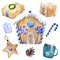 Watercolor hand painted set including gingerbread house and star, pine cone, blue candle, cup with cocoa and marshmallows, wrapped