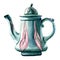 Watercolor hand painted vintage turquoise coffee pot decorated with pink leaves. illustration in Art Nouveau style