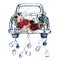 Watercolor hand painted wedding romantic illustration on white background - vintage navy color car with cans & flower floral