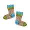 Watercolor hand painted winter cute clothes socks. Knitted sock, in blue green brown color. Warm trendy accessory
