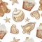 Watercolor hand painted winter holiday celebration seamless pattern with yellow gingerbread cookies: men, house, bell, ball, star