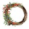 Watercolor hand painted winter wreath of twig. Wood wreath with red and blue winter berries and juniper. Natural