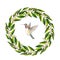 Watercolor hand painted wreath with green eucalyptus leaves and Hummingbird.