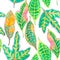 Watercolor hand painting illustration colorful leaves of Croton plant, seamless repeat pattern of variegated leaf isolated diecut