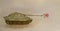 Watercolor hand painting of a Military tanks with camouflage pattern and green gun shooting with red rose flower on the gun barrel