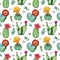 Watercolor handpainted seamless pattern of flowering cactus plant