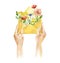 Watercolor hands with envelope flowers. Wild flowers spring art.