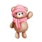 Watercolor happy baby boy teddy bear in pink scarf and beanie hat illustration.Valentines animal clipart