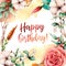 Watercolor happy birthday card with flowers. Hand painted tree border, cotton, branch, splash, berries and leaves