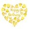 Watercolor happy birthday congratulation words phrase lettering font in yellow orange colors in heart shape. Autumn fall