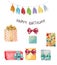 Watercolor Happy birthday element set. Hand painted illustration with tassel garland, Happy birthday lettering and
