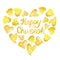 Watercolor happy chuseok words phrase lettering font in yellow orange colors in heart shape. Autumn fall typography for