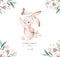 Watercolor Happy Easter baby bunnies design with spring blossom flower. Rabbit bunny kids illustration isolated. Hand