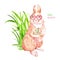 Watercolor happy Easter card with cute  fluffy rabbit, colored egg and grass, isolated on white background. Easter bunny