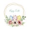 Watercolor Happy Easter egg with botanical flowers wreath. Cute banner Easter illustration for greating card, party card, postcard