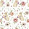 Watercolor Happy Easter seamless pattern, spring botanical greenery and flower with cute rabbits. Celebration illustration for wra