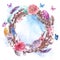 Watercolor Happy Easter wreath, spring bouquet