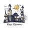 Watercolor Happy Halloween card. Hand painted Castle with glowing windows, bats isolated on white background. Holiday