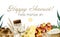 Watercolor Happy Shavuot horizontal banner with traditional food illustration with star of David, wheat, milk, challah