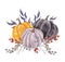 Watercolor harvest pumpkin with tree branches, leaves and roseship. Fall holiday hand drawn illustration. Thanksgiving