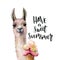 Watercolor Have a sweet summer card with lama. Hand painted beautiful illustration with llama animal, ice cream and
