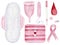 Watercolor health set, women's personal products, pad, cup, tampon, pregnancy test, pills isolated on white