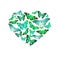 Watercolor heart filled with bright transparent butterflies of blue, green, turquoise, mint shades.