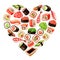 Watercolor heart shaped illustration with sushi and rolls