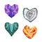 Watercolor heart shaped purple charoite, green malachite, grey agate, orange amber for horoscope, sacred health