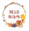 Watercolor Hello autumn lettering card. Hand drawn illustration