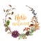 Watercolor Hello autumn wreath. Hand painted wreath with acorn, mushroom, cone, berries, tree branch, flower and leaves