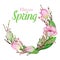 Watercolor Hello Spring wreath with inscription. Tree branch with leaves, tulip flowers, willow Frame illustration