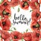 Watercolor Hello summer card. Hand painted floral border with poppy flowers, leaves, seed capsule and branches isolated