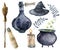 Watercolor helloween magic set. Hand painted bottle of poison, cauldron with potion, broom, candle, finger, witch hat
