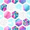 Watercolor hexagon seamless pattern with geometric ornament elements.