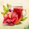 Watercolor hibiscus tea on the background of leaves and rose Hibiscus sabdariffa.Hibiscus tea in a glass mug.