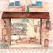 Watercolor High Definition Illustration: Street Shop Front.