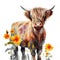 Watercolor highland cow Surrounded by sunflowers and Spring Flower