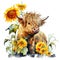 Watercolor highland cow Surrounded by sunflowers and Spring Flower