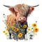 Watercolor highland cow Surrounded by sunflowers and Spring Flower