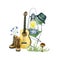 Watercolor hiking arrangement isolated on a white background: hiking boots, guitar, camping hat, folding chair