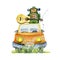 Watercolor hiking arrangement isolated on a white background: passenger car, rucksack, guitar, fishing rod, grass