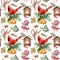 Watercolor holiday pattern with cardinal and Christmas symbols. Hand painted red bird, bells, house, candy cane, pin