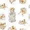 Watercolor holiday seamless pattern with gold gift boxes and bows