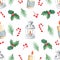 Watercolor holly and candles christmas seamless pattern on white background