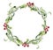 Watercolor holly and mistletoe wreath. Hand painted border floral branch and white berry isolated on white background