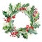 watercolor holly wreath with red berries on white