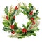 watercolor holly wreath with red berries on white