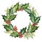 watercolor holly wreath with red berries on white